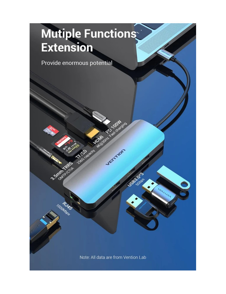 Докинг станция Vention Type-C TOLHB, 4K 2160p 30Hz, USB 3.0 x3, USB-C PD 100W, HDMI, LAN 1Gbps, SD/TF Reader - 3