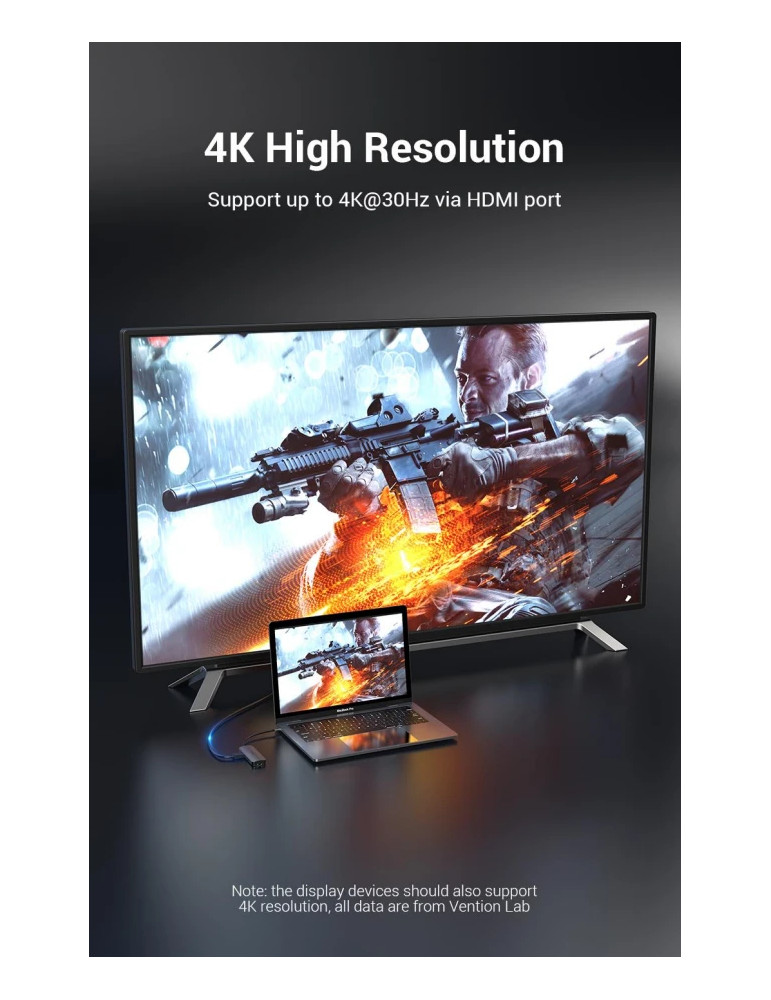 Докинг станция Vention Type-C TOLHB, 4K 2160p 30Hz, USB 3.0 x3, USB-C PD 100W, HDMI, LAN 1Gbps, SD/TF Reader - 4