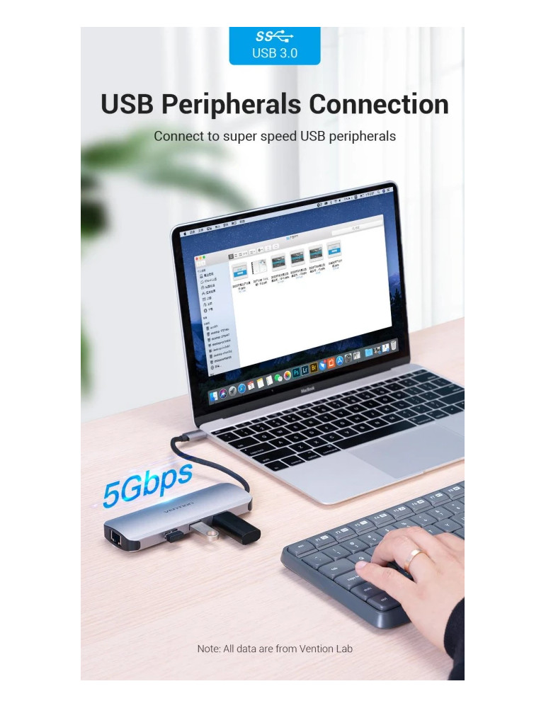 Докинг станция Vention Type-C TOLHB, 4K 2160p 30Hz, USB 3.0 x3, USB-C PD 100W, HDMI, LAN 1Gbps, SD/TF Reader - 6