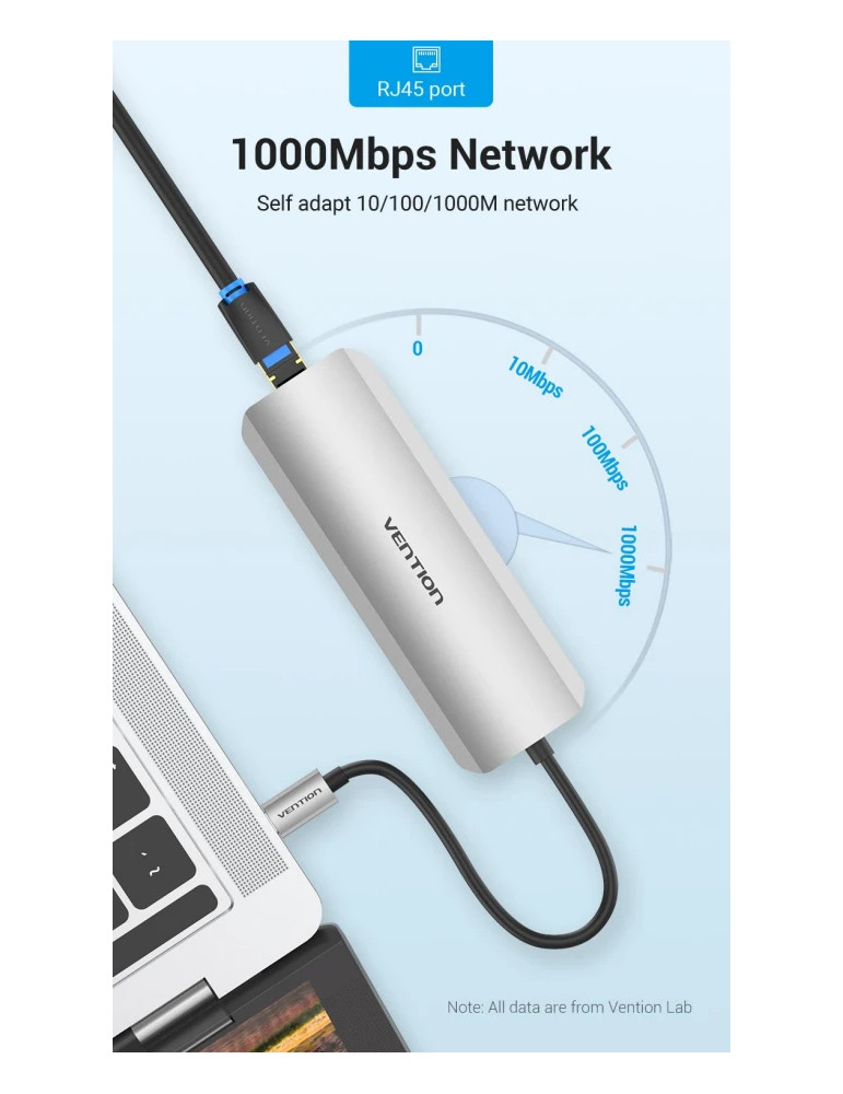 Докинг станция Vention Type-C TOLHB, 4K 2160p 30Hz, USB 3.0 x3, USB-C PD 100W, HDMI, LAN 1Gbps, SD/TF Reader - 7
