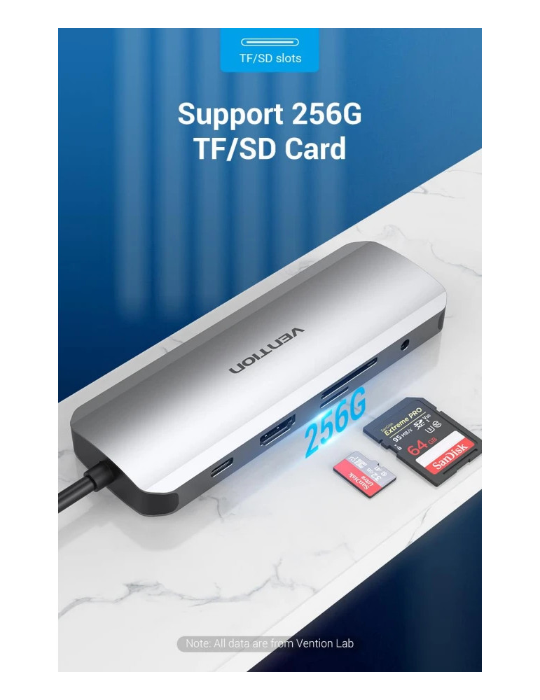 Докинг станция Vention Type-C TOLHB, 4K 2160p 30Hz, USB 3.0 x3, USB-C PD 100W, HDMI, LAN 1Gbps, SD/TF Reader - 8