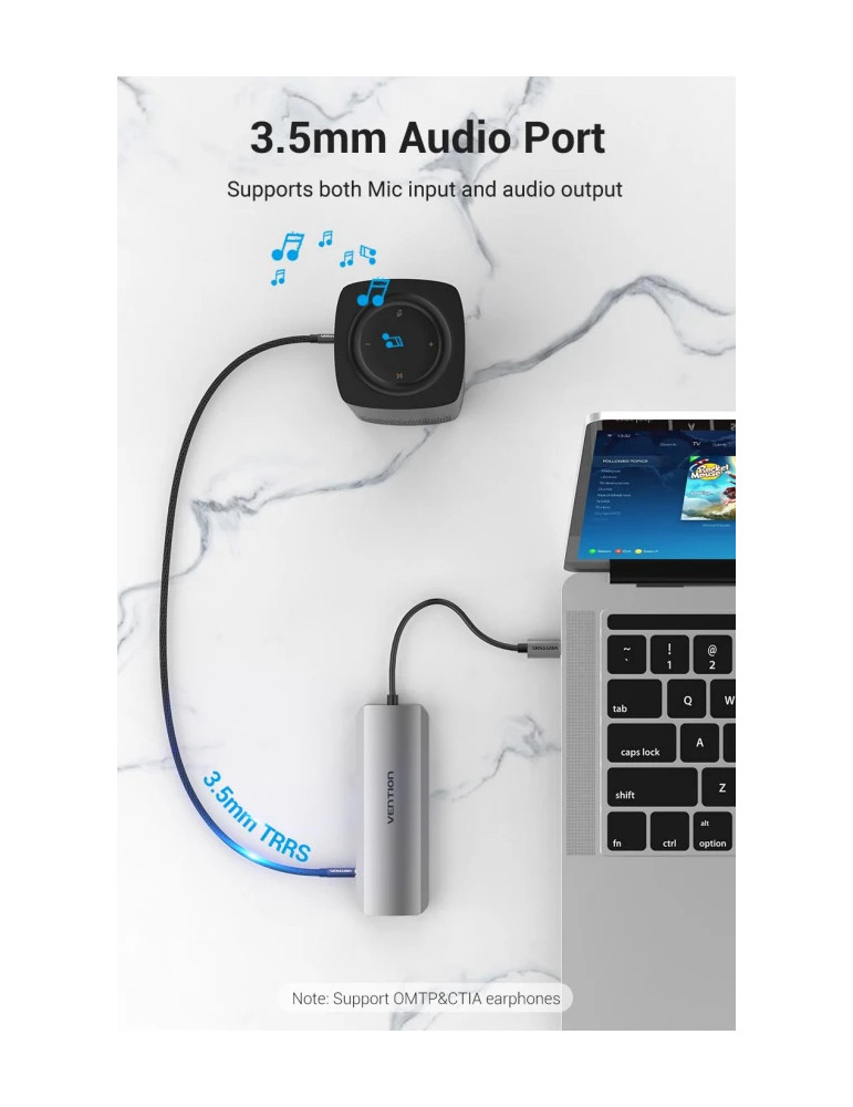 Докинг станция Vention Type-C TOLHB, 4K 2160p 30Hz, USB 3.0 x3, USB-C PD 100W, HDMI, LAN 1Gbps, SD/TF Reader - 9