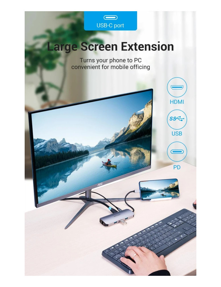 Докинг станция Vention Type-C TOLHB, 4K 2160p 30Hz, USB 3.0 x3, USB-C PD 100W, HDMI, LAN 1Gbps, SD/TF Reader - 10