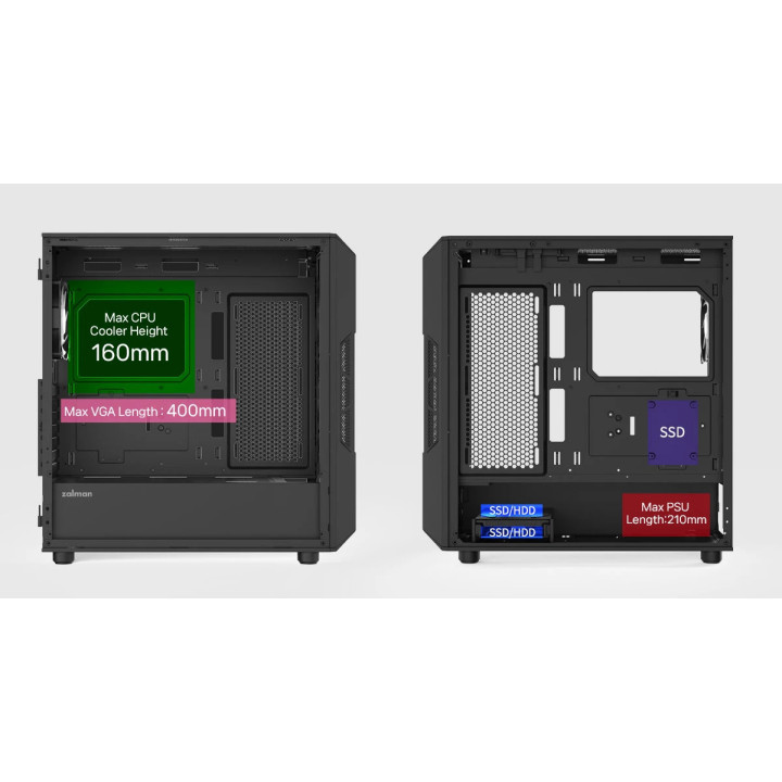 Кутия за компютър Zalman I3 NEO V2 Black, Middle Tower ATX, Mesh, Tempered Glass, 4x RGB вентилатора, поддържа водно охлаждане д