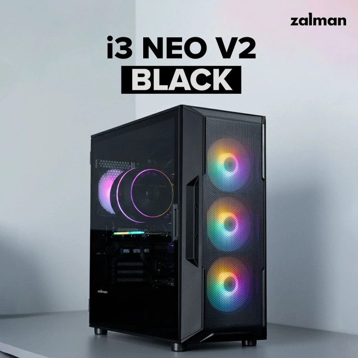 Кутия за компютър Zalman I3 NEO V2 Black, Middle Tower ATX, Mesh, Tempered Glass, 4x RGB вентилатора, поддържа водно охлаждане д