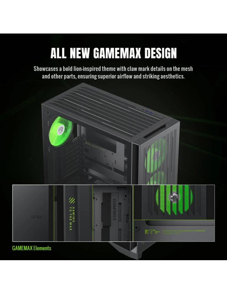 Кутия за компютър Gamemax Leader 2, Middle Tower EATX, Tempered Glass, Addressable RGB, 4x 140mm вентилатора, Type-C Gen 2 - 910