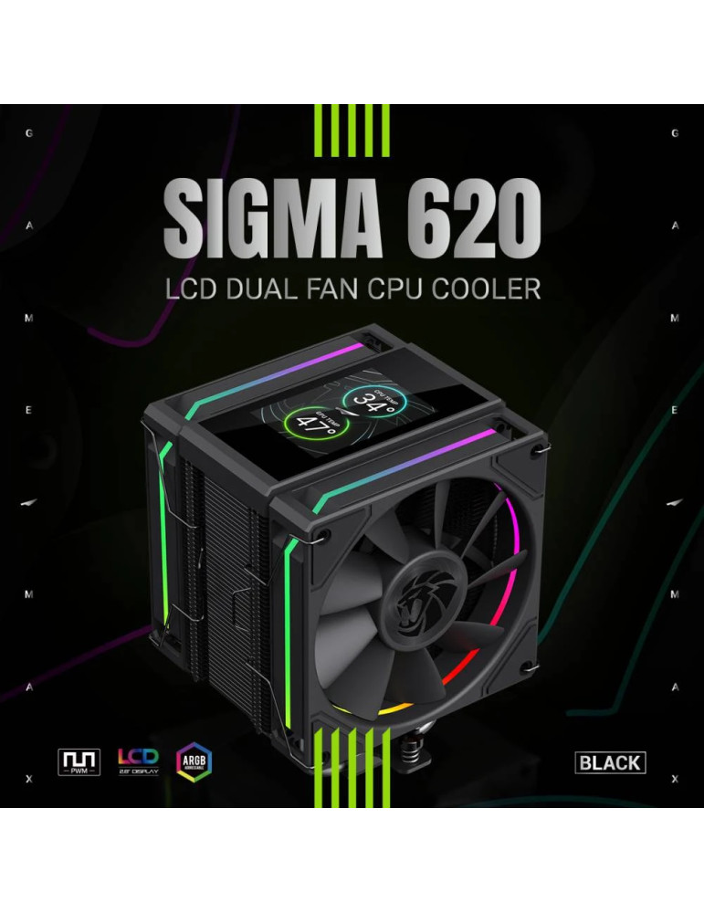 Охладител за процесор Gamemax Sigma 620 LCD, 2x120mm вентилатор, 245W, Addressable RGB, LCD дисплей - 9502-0100R0111 - 9
