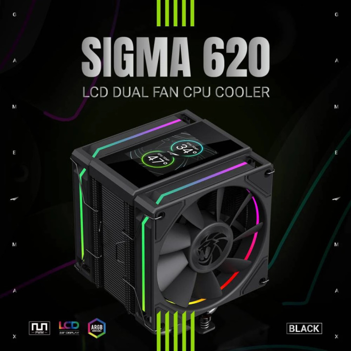 Охладител за процесор Gamemax Sigma 620 LCD, 2x120mm вентилатор, 245W, Addressable RGB, LCD дисплей - 9502-0100R0111 - 9