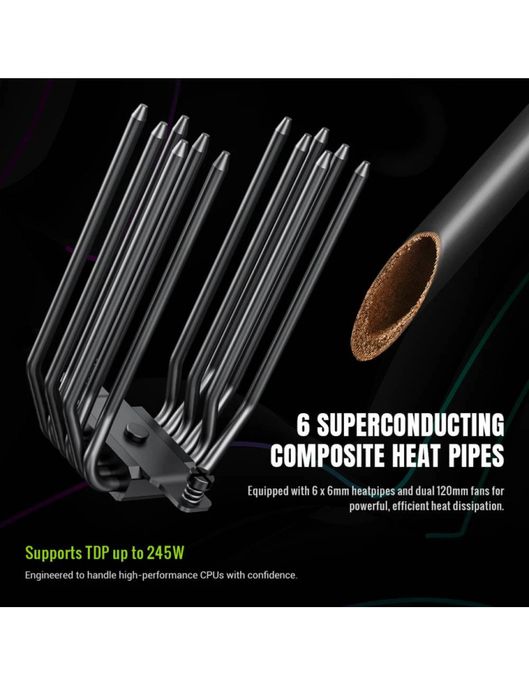 Охладител за процесор Gamemax Sigma 620 LCD, 2x120mm вентилатор, 245W, Addressable RGB, LCD дисплей - 9502-0100R0111 - 10