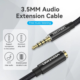 Аудио Кабел Vention Cotton Braided TRRS 3.5mm Male to 3.5mm F, 0.5m, Gold plated, Aluminum alloy - BHCBD