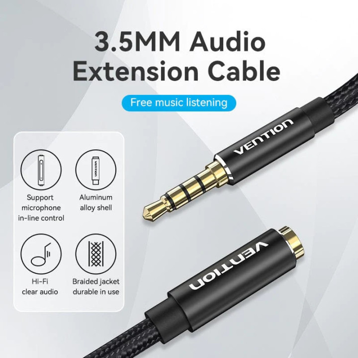 Аудио Кабел Vention Cotton Braided TRRS 3.5mm Male to 3.5mm F, 0.5m, Gold plated, Aluminum alloy - BHCBD