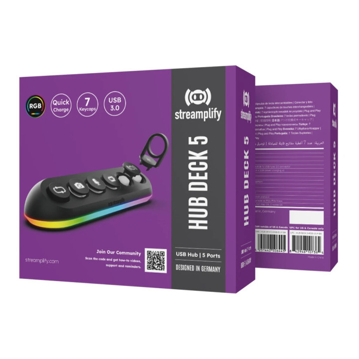 Стрийминг хъб Streamplify Streaming HUB DECK 5 RGB SPUH-HD51217.11, 5x USB-A 5Gbps, USB 2.0, VIA Labs VL817, RGB подсветка, 12V/