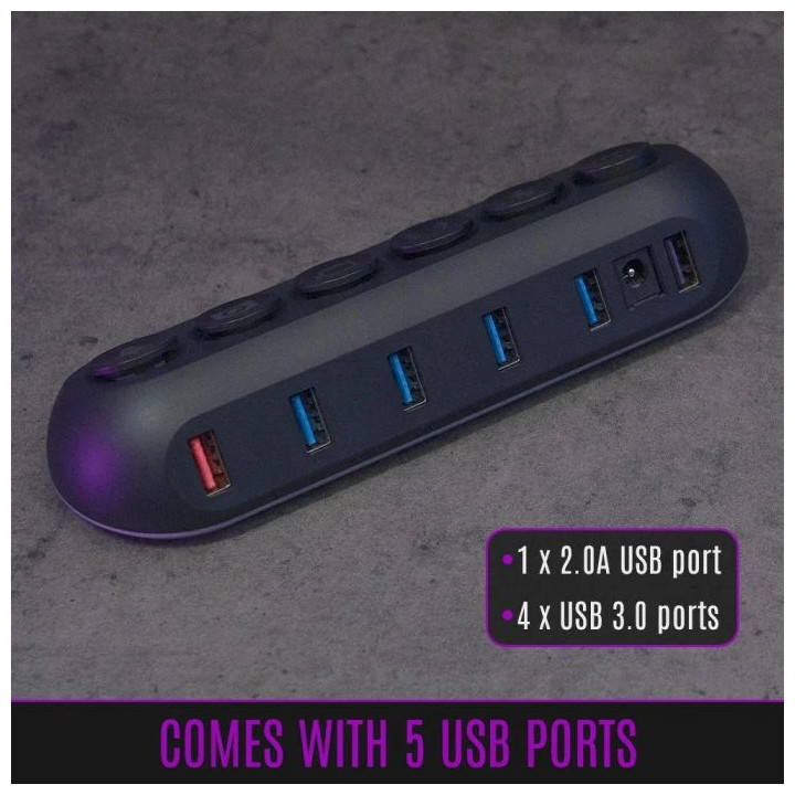 Стрийминг хъб Streamplify Streaming HUB DECK 5 RGB SPUH-HD51217.11, 5x USB-A 5Gbps, USB 2.0, VIA Labs VL817, RGB подсветка, 12V/