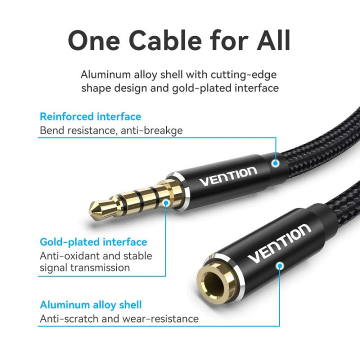 Аудио Кабел Vention Cotton Braided TRRS 3.5mm Male to 3.5mm F, 0.5m, Gold plated, Aluminum alloy - BHCBD