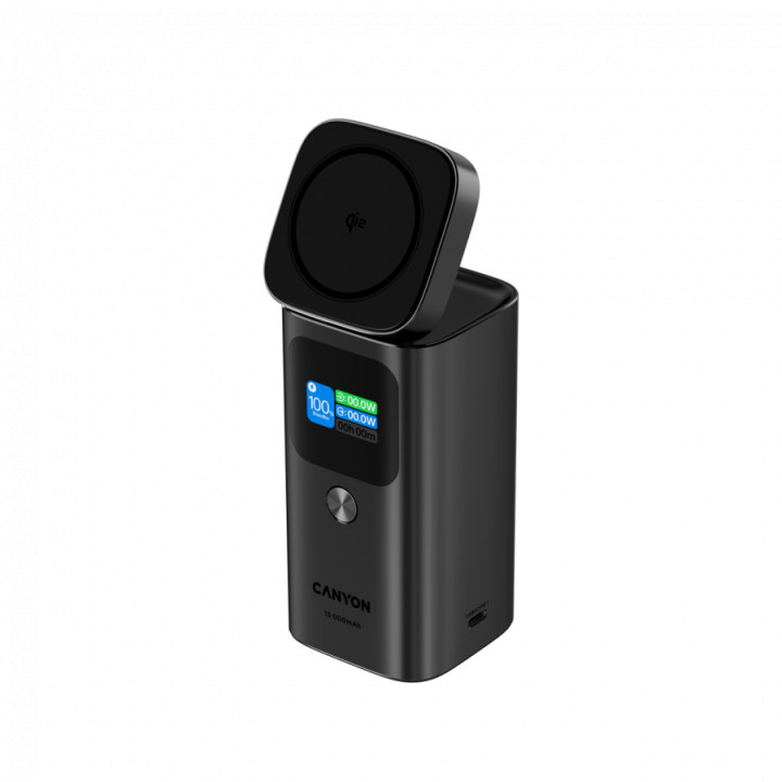 Външна батерия CANYON OnPower 150, 15000mAh, Qi2 Wireless Charging 15W, USB-C 100W PD, TFT Display, Алуминий - CNS-CPB150DG - 1