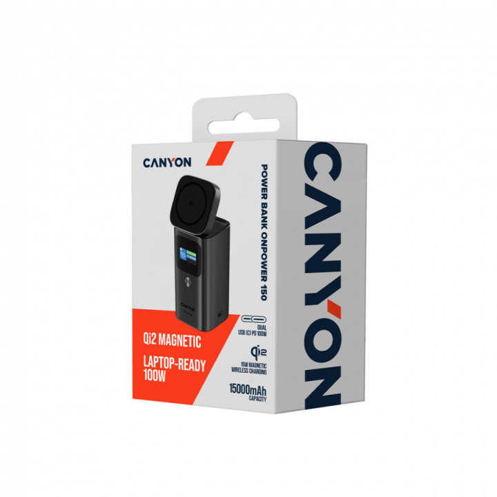 Външна батерия CANYON OnPower 150, 15000mAh, Qi2 Wireless Charging 15W, USB-C 100W PD, TFT Display, Алуминий - CNS-CPB150DG - 8