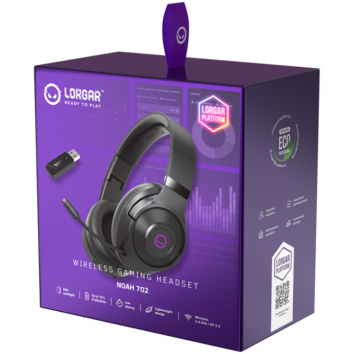 Bluetooth геймърски слушалки LORGAR Noah 702, Безжични, Bluetooth 5.3, 40mm динамични, RGB, 70ч. батерия - LRG-GHS702 - 9