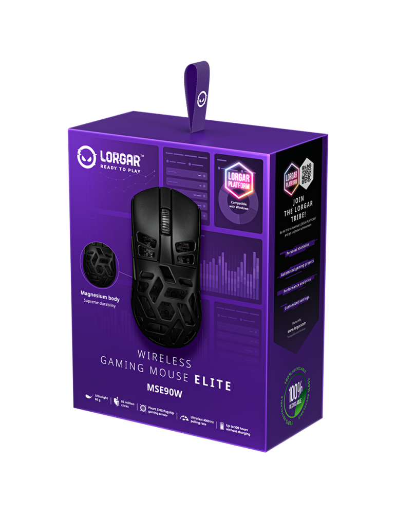 Безжична геймърска мишка LORGAR MSE90W, Безжична, 26000 DPI, 7 бутона, 500h батерия, Магнезиево тяло - LRG-MSE90W-BK - 10