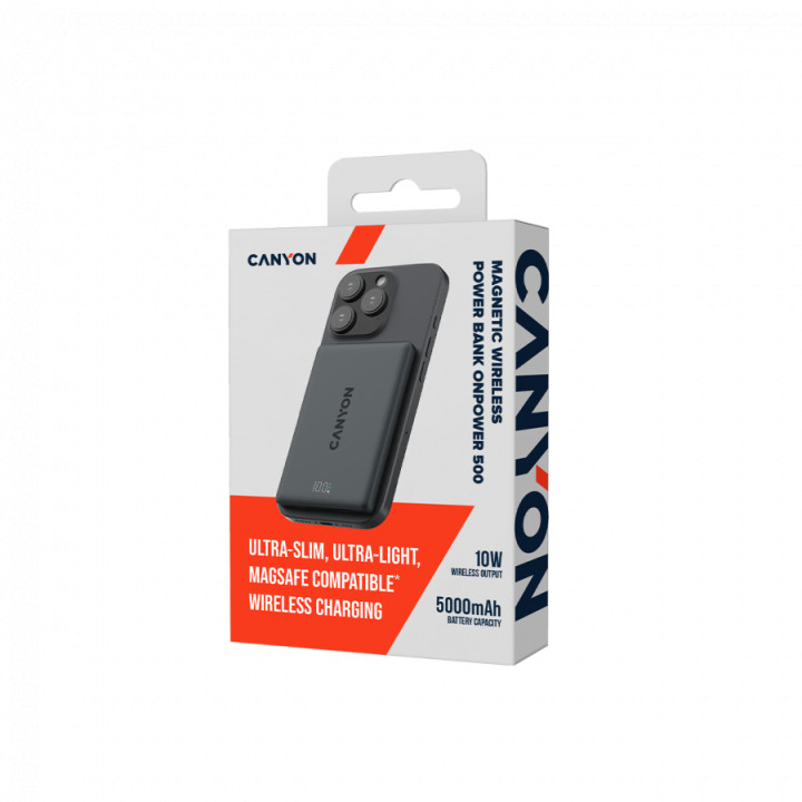 Външна батерия CANYON OnPower 500, 5000mAh, 20W PD, MagSafe, Алуминий - CNS-CPB500B - 6