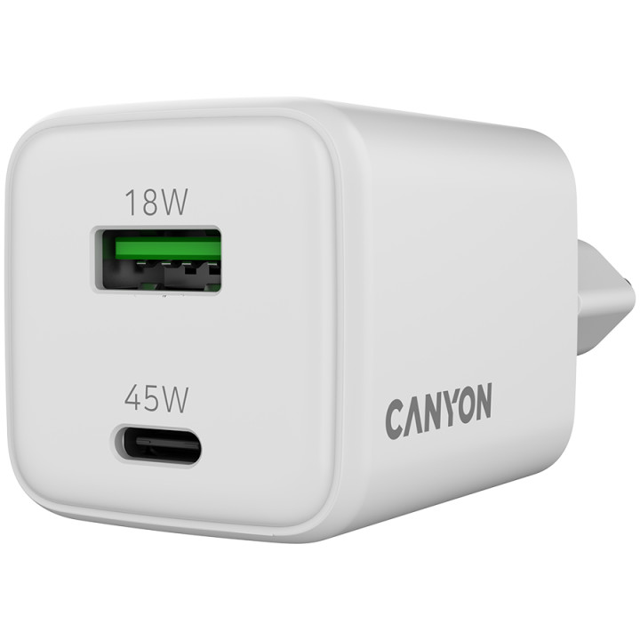 Захранващ адаптер CANYON CU45AC, 45W GaN, 1x USB-C PD, 1x USB-A QC - CNS-CUW45AC - 5