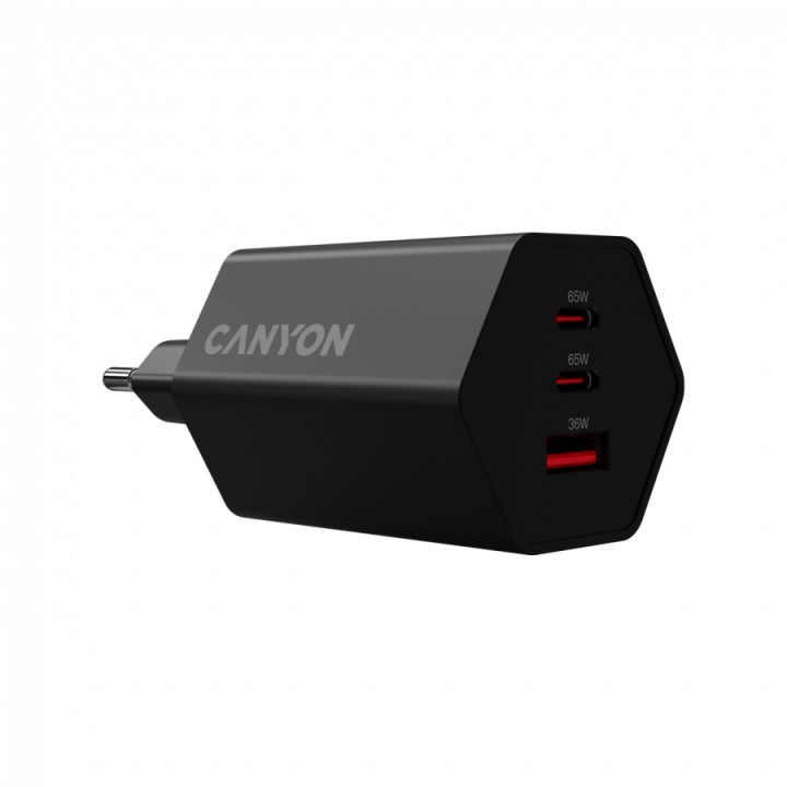 Захранващ адаптер CANYON Hexagon 65W, 2x USB-C PD 65W, 1x USB-A QC 36W, GaN, EU - CND-CHAHEX65B - 2