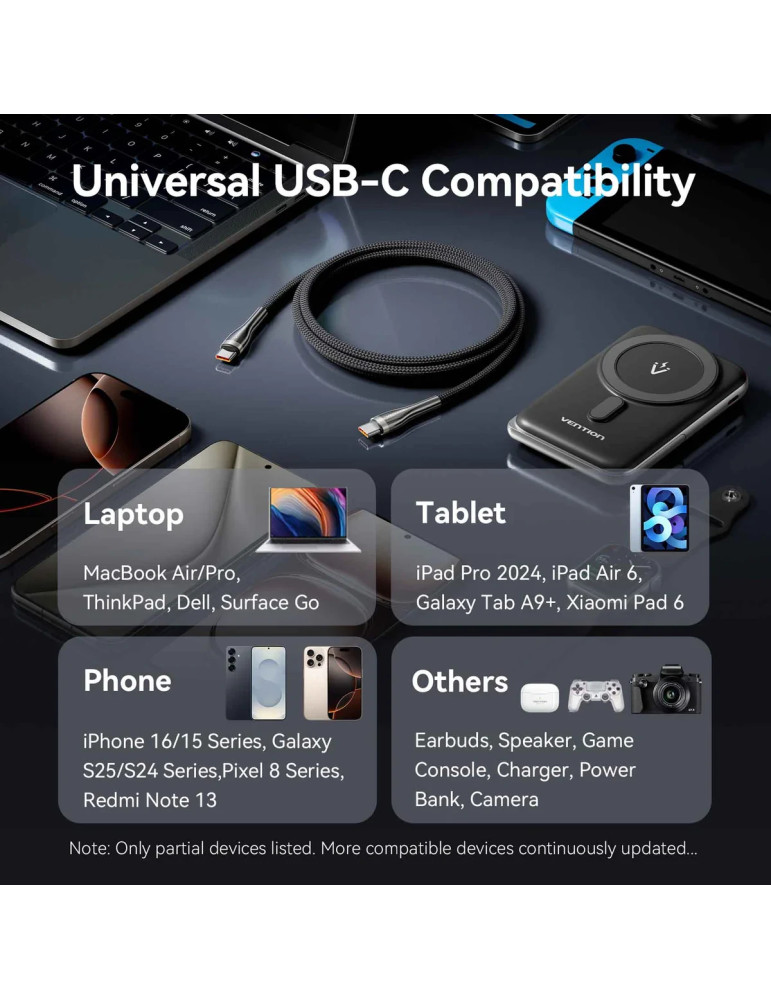 USB кабел Vention Type-C to Type-C, 1.2m, 240W, PD 3.1, 5A - CTYBAV - 11