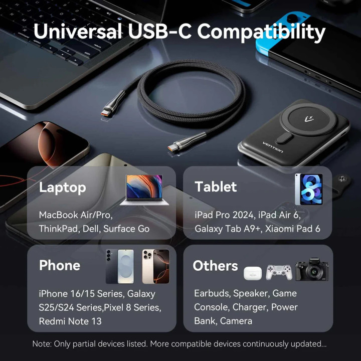 USB кабел Vention Type-C to Type-C, 1.2m, 240W, PD 3.1, 5A - CTYBAV - 11