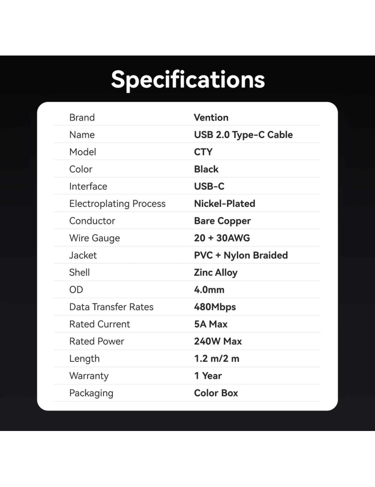USB кабел Vention Type-C to Type-C, 1.2m, 240W, PD 3.1, 5A - CTYBAV - 12