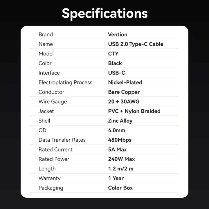 USB кабел Vention Type-C to Type-C, 1.2m, 240W, PD 3.1, 5A - CTYBAV - 12