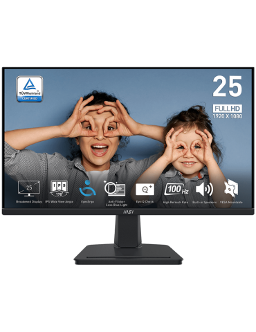 Монитор MSI PRO MP251, 24.5" IPS 1920x1080 100Hz, 300cd/m², 1ms, Adaptive-Sync, вграден звук - 9S6-3PC29M-034 - 1