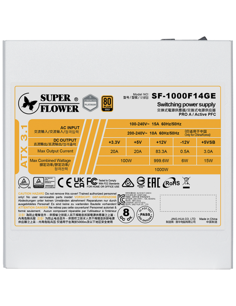 Модулно захранване SUPER FLOWER Leadex III Gold 1000W, ATX 3.1, 80 Plus Gold, Fully Modular, 140mm Fan, White - SF-1000F14GE(WH)