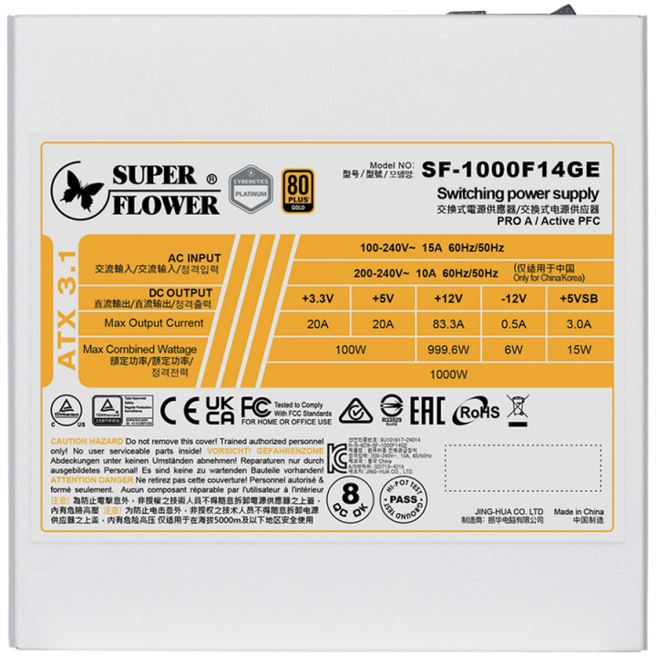 Модулно захранване SUPER FLOWER Leadex III Gold 1000W, ATX 3.1, 80 Plus Gold, Fully Modular, 140mm Fan, White - SF-1000F14GE(WH)