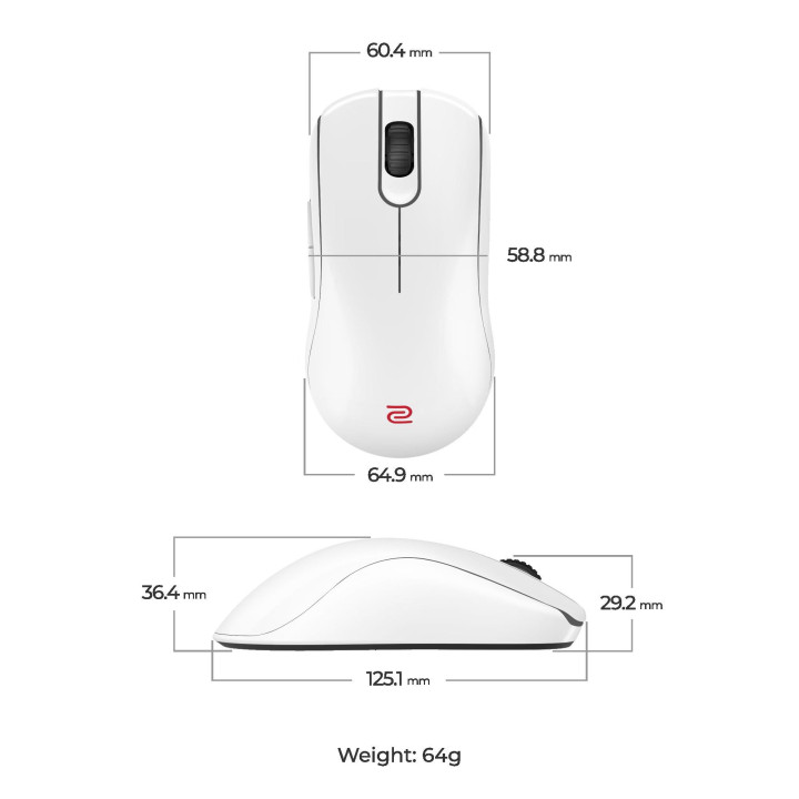 Безжична геймърска мишка ZOWIE FK2-DW, 4K 4Khz, безжична 2.4G, 6+1 бутона, 3200 DPI, бяла - 9H.N4MBE.A3E - 6