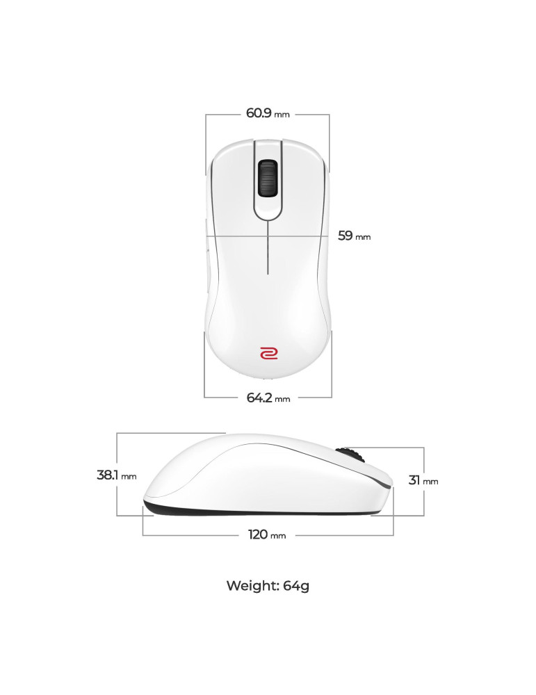 Безжична gaming мишка ZOWIE S2-DW, 4K 4Khz, 3200 DPI, 6+1 бутона, безжична 2.4G, 24h батерия - 9H.N4NBE.A3E - 7