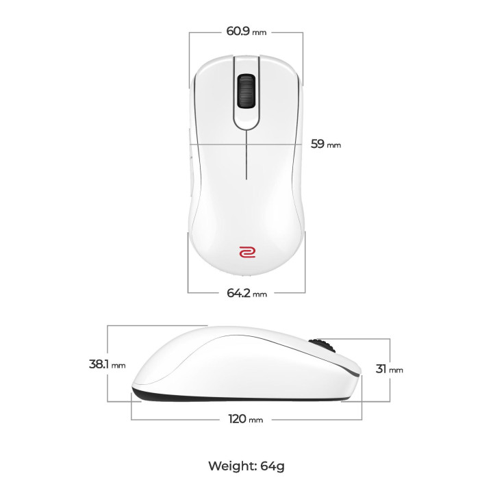 Безжична gaming мишка ZOWIE S2-DW, 4K 4Khz, 3200 DPI, 6+1 бутона, безжична 2.4G, 24h батерия - 9H.N4NBE.A3E - 7