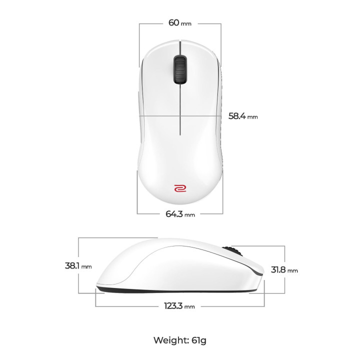 Безжична gaming мишка ZOWIE U2-DW, 2.4G безжична, 3200 DPI, 6+1 бутони - 9H.N4PBE.A3E - 2