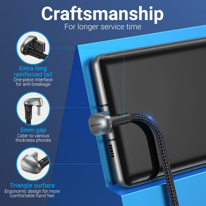 Кабел Vention USB 3.1 Type-C / USB 2.0 AM - 1M Black U-Shaped, Aluminum Alloy 5A - COHHF