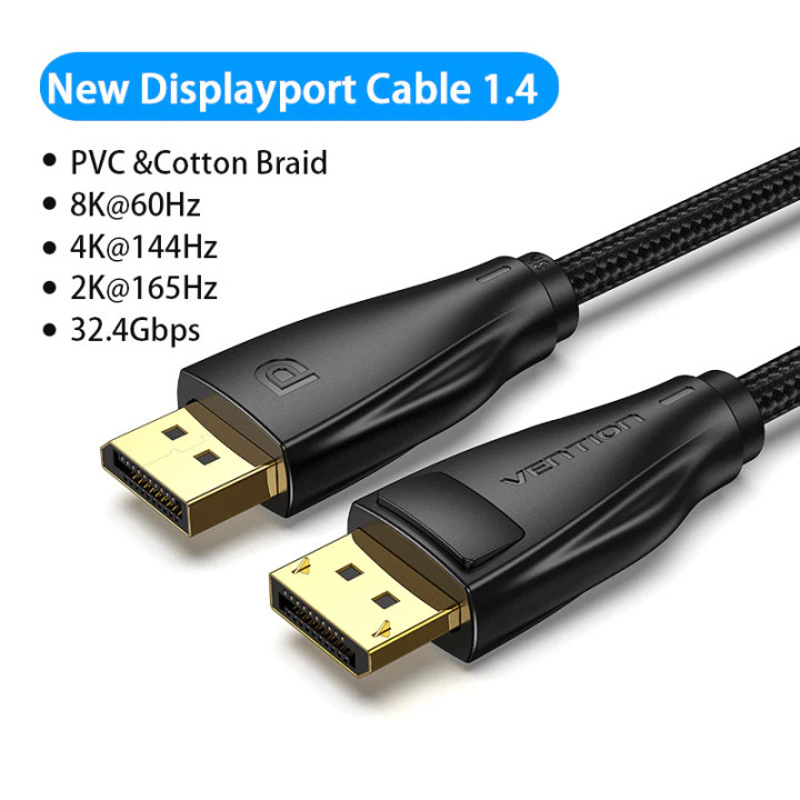 Кабел Vention Display Port 1.4 DP M / M 8K 1m - Cotton Braided, Black - HCCBF