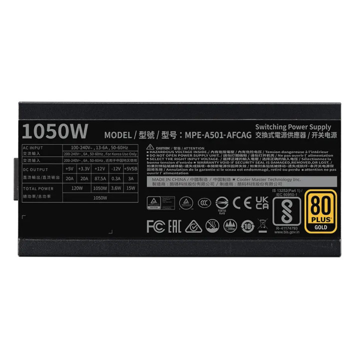 Модулно захранване Cooler Master MWE GOLD 1050W V2, 1050W ATX 3.1, 80 PLUS Gold, Модулен, 140mm вентилатор - MPE-A501-AFCAG-3EEU
