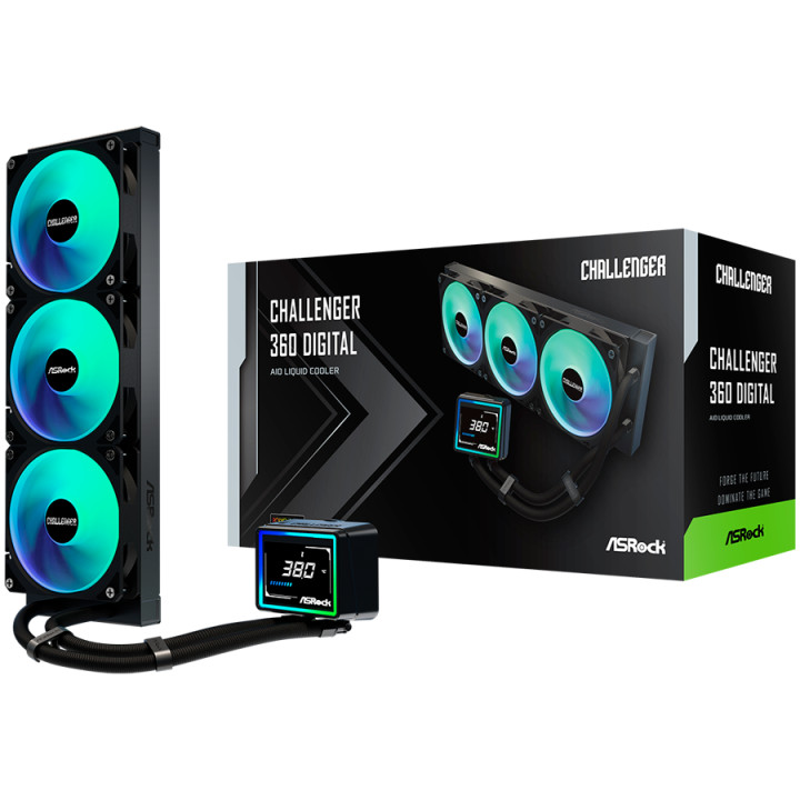 Водно охлаждане за процесор ASROCK Challenger 360 Digital, 360mm AiO, LCD дисплей, AM5/AM4/LGA1851/LGA1700 - 90-ACLA36-BAAGA6 - 