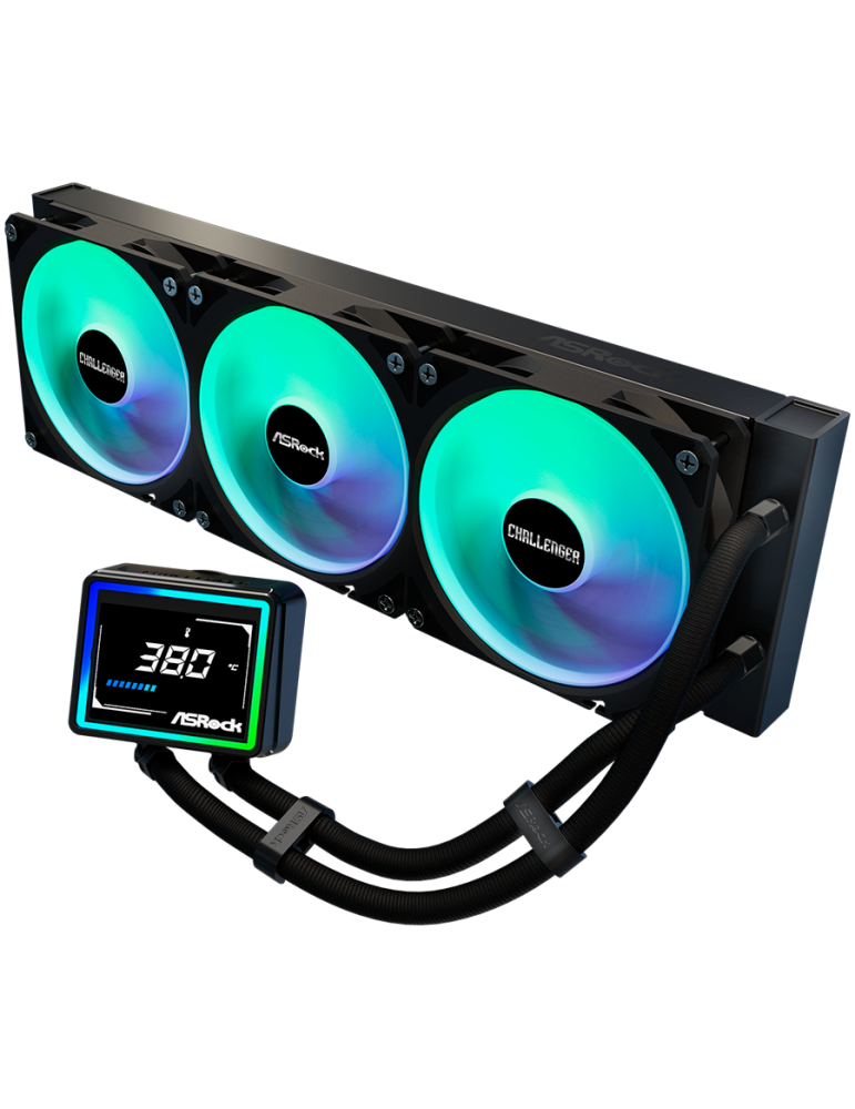 Водно охлаждане за процесор ASROCK Challenger 360 Digital, 360mm AiO, LCD дисплей, AM5/AM4/LGA1851/LGA1700 - 90-ACLA36-BAAGA6 - 