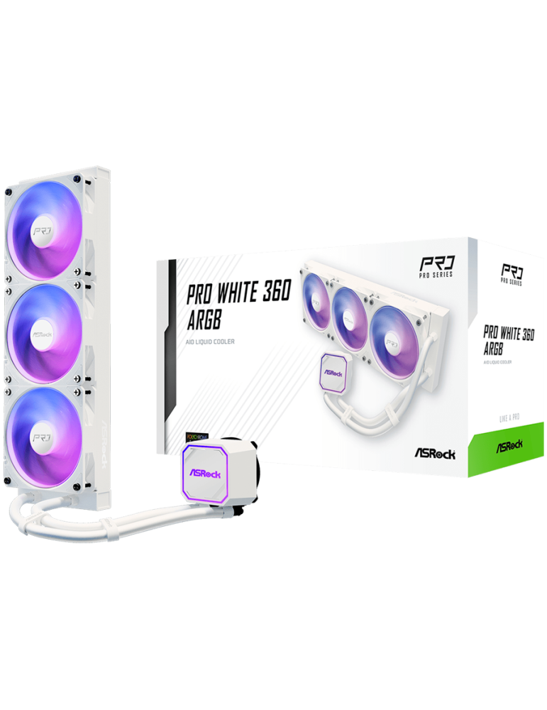 Водно охлаждане за процесор ASROCK Pro White 360 ARGB, 360mm AiO, AM5/AM4/LGA1851/LGA1700, 3x120mm, RGB LED - 4711581493544 - 2