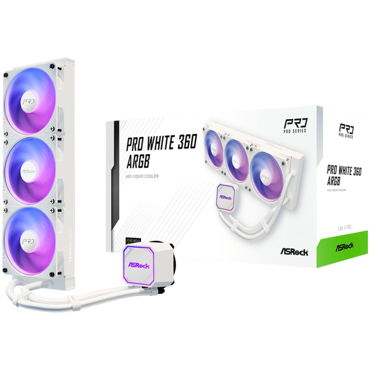 Водно охлаждане за процесор ASROCK Pro White 360 ARGB, 360mm AiO, AM5/AM4/LGA1851/LGA1700, 3x120mm, RGB LED - 4711581493544 - 2