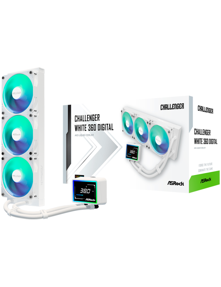 Водно охлаждане за процесор ASROCK Challenger White 360, 360mm AiO, LCD дисплей, 3x120mm вентилатора, AM5/AM4/LGA1851/LGA1700 - 