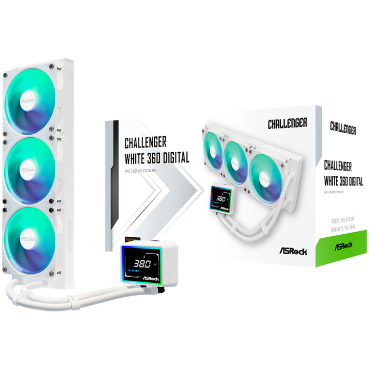Водно охлаждане за процесор ASROCK Challenger White 360, 360mm AiO, LCD дисплей, 3x120mm вентилатора, AM5/AM4/LGA1851/LGA1700 - 
