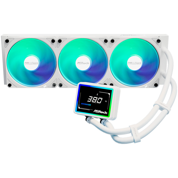 Водно охлаждане за процесор ASROCK Challenger White 360, 360mm AiO, LCD дисплей, 3x120mm вентилатора, AM5/AM4/LGA1851/LGA1700 - 