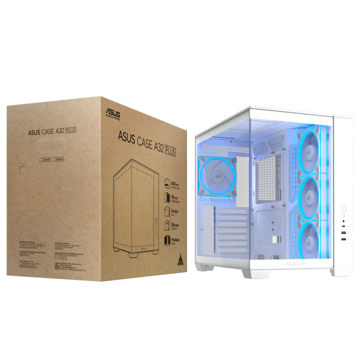 Кутия за компютър ASUS A32 PLUS, Mid Tower, Tempered Glass, 4x120mm ARGB вентилатора, ATX/Micro ATX/Mini ITX - 90DC00S3-B19000 -