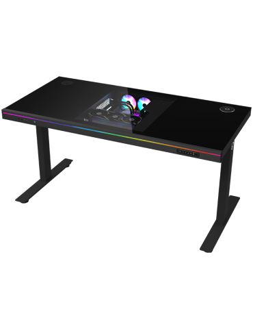 Геймърско бюро LORGAR Elite 90, 116cm, двигателен подходящ височина, вградена PC кутия, безжично зареждане, RGB подсветка, закал