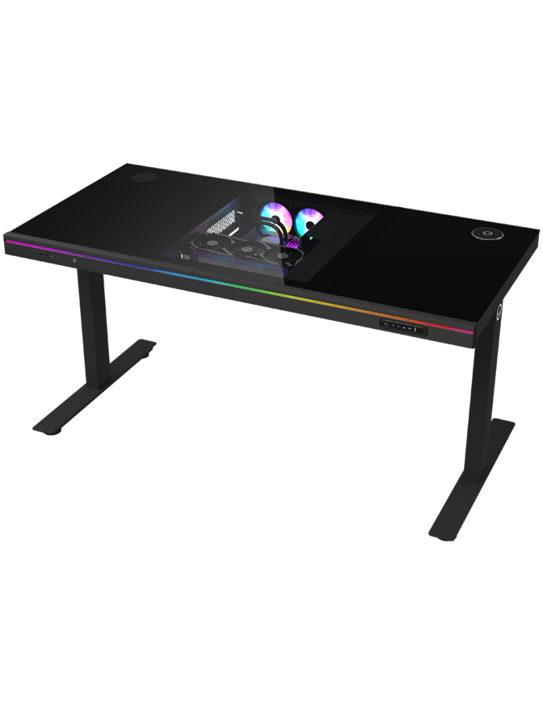 Геймърско бюро LORGAR Elite 90, 116cm, двигателен подходящ височина, вградена PC кутия, безжично зареждане, RGB подсветка, закал