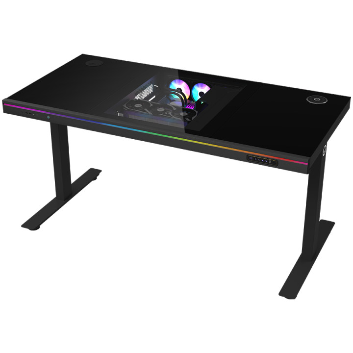 Геймърско бюро LORGAR Elite 90, 116cm, двигателен подходящ височина, вградена PC кутия, безжично зареждане, RGB подсветка, закал